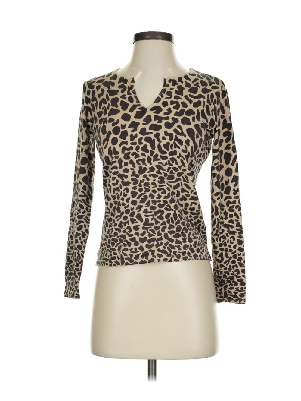 Talbots Leopard Silk Blend Knit Top 78% Silk Notch Neck Long Sleeves Petites S
